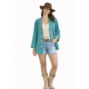 Teal Suede Studded Kimono Jacket Boho Western Luxe Festival Duster Relaxed Fit